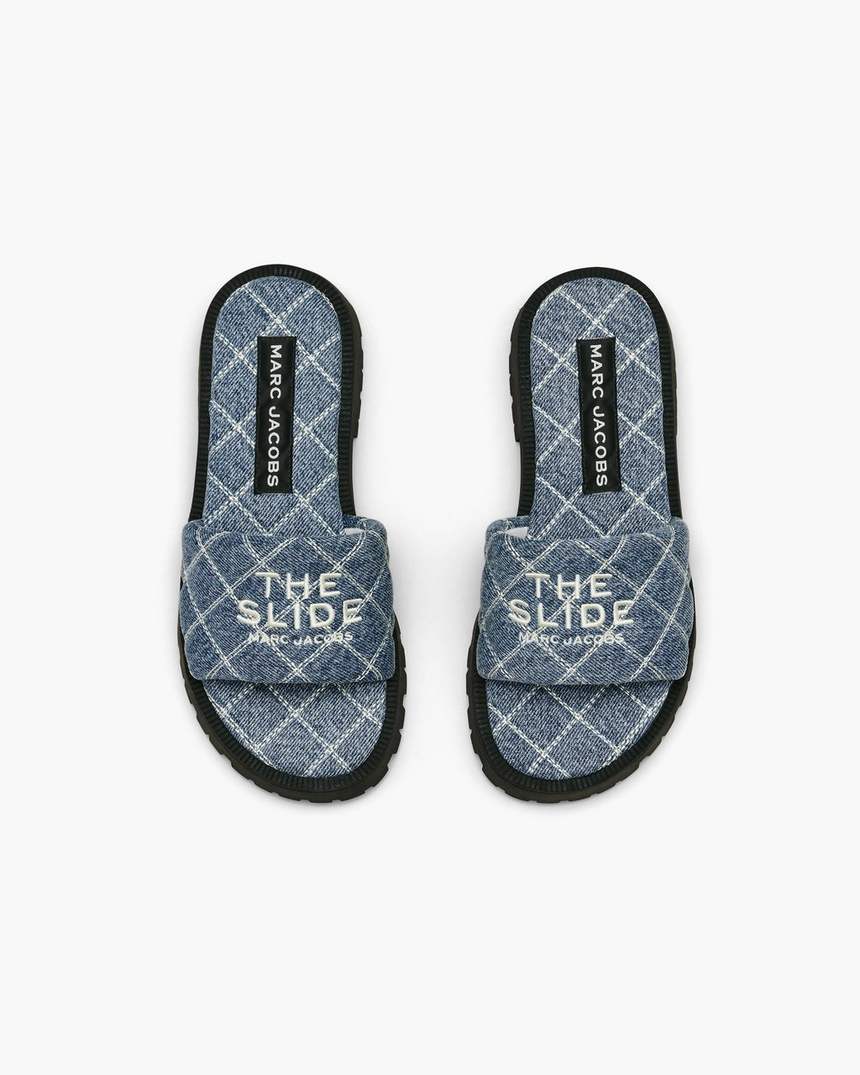 de gewatteerde denim slipper met profielzool