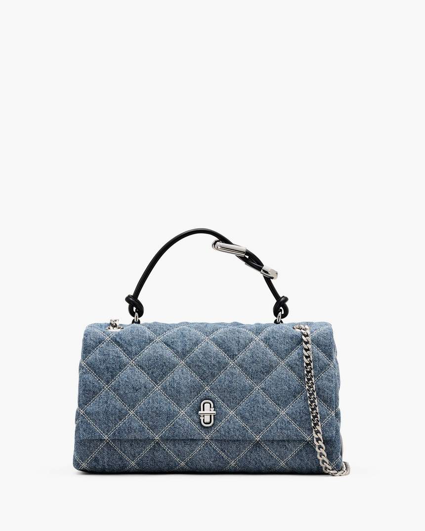 de gewatteerde denim schoudertas met dubbele ketting