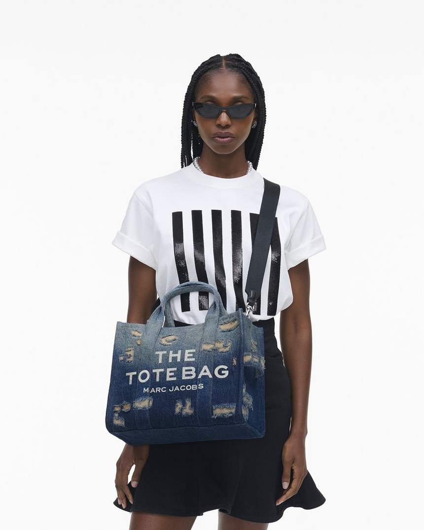 de rip and repair denim medium tote bag