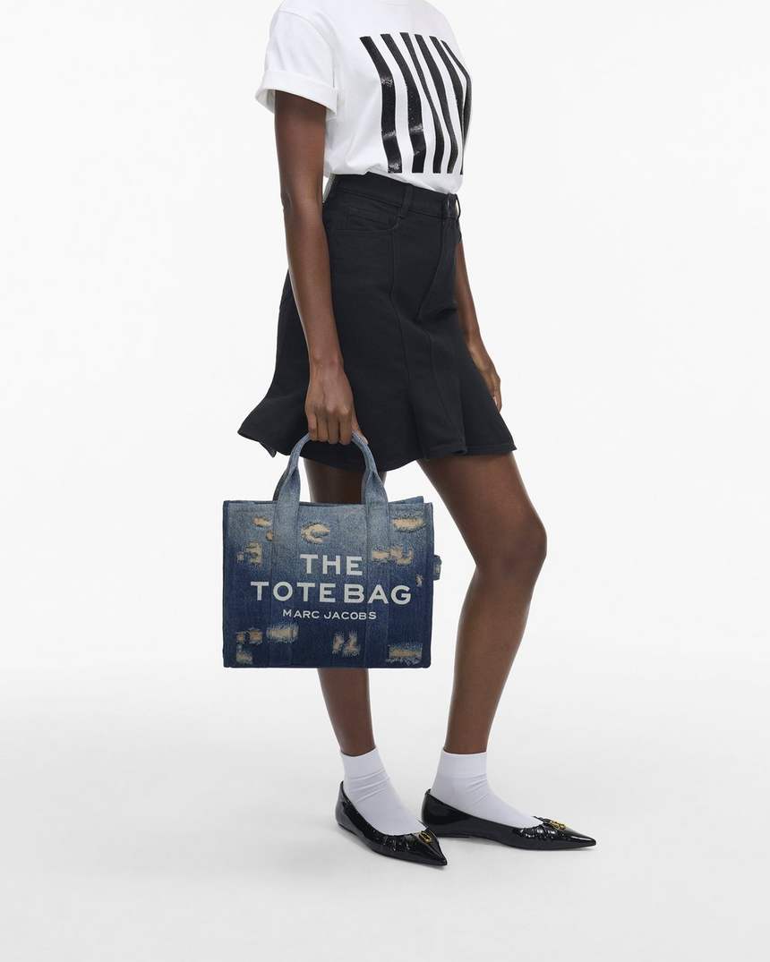 de rip and repair denim medium tote bag